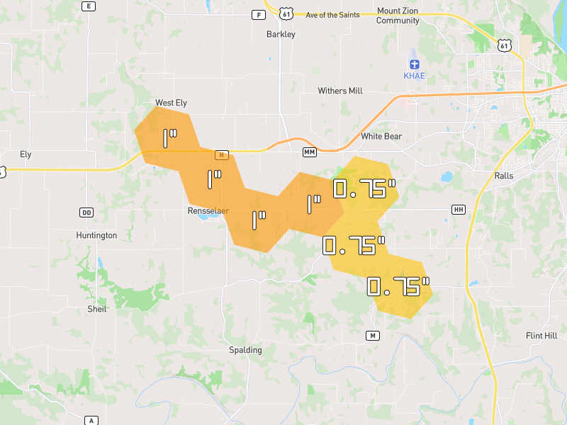 Hail map of Hannibal, MO on Jul 11, 2026, hail up to 1"