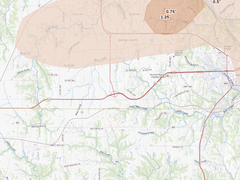 Radar-estimated hail-size map of the storm over Hannibal, MO