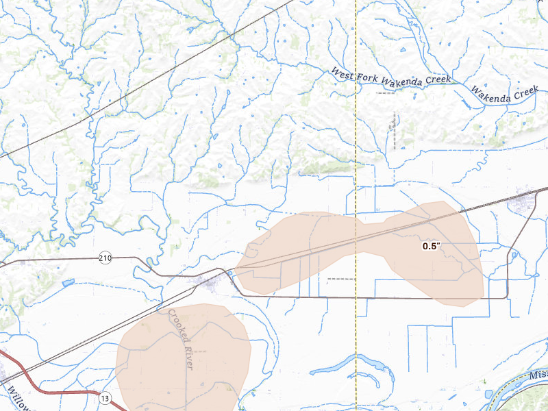 Radar-estimated hail-size map of the storm over Hardin, MO on Apr 17, 2026