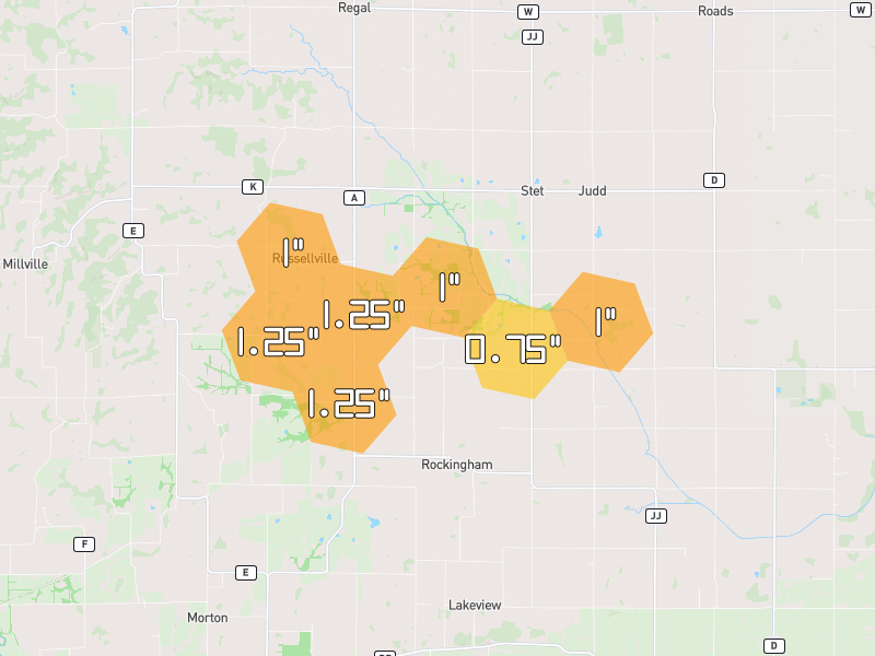 Hail map of Hardin, MO on Jun 1, 2026, hail up to 1.25"