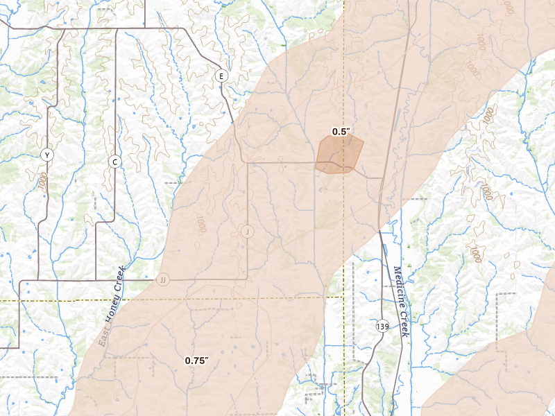 Radar-estimated hail-size map of the storm over Harris, MO on Apr 17, 2026