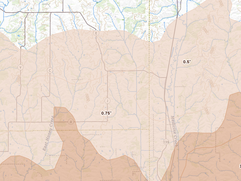 Radar-estimated hail-size map of the storm over Harris, MO on May 16, 2026