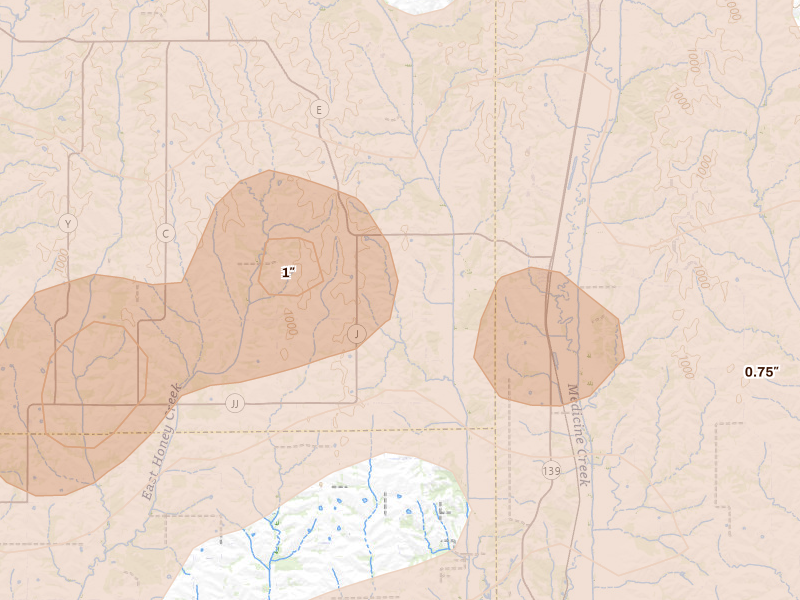 Radar-estimated hail-size map of the storm over Harris, MO on Jun 10, 2026