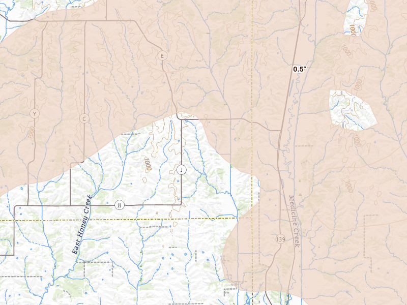 Radar-estimated hail-size map of the storm over Harris, MO on Jun 11, 2026