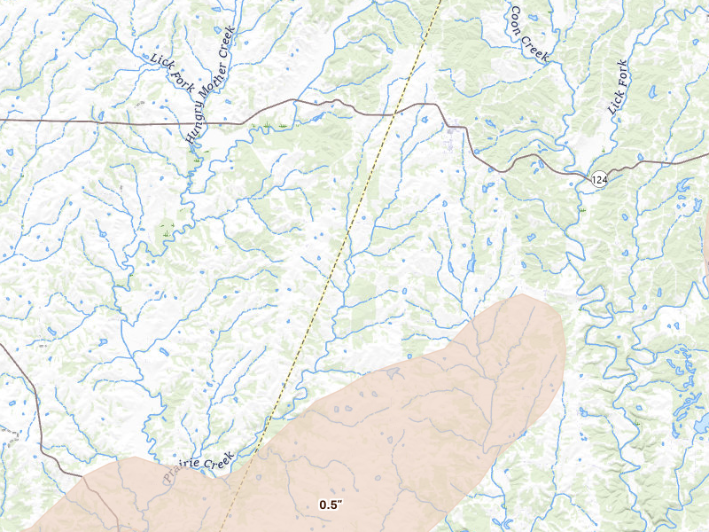 Radar-estimated hail-size map of the storm over Harrisburg, MO on Apr 27, 2026
