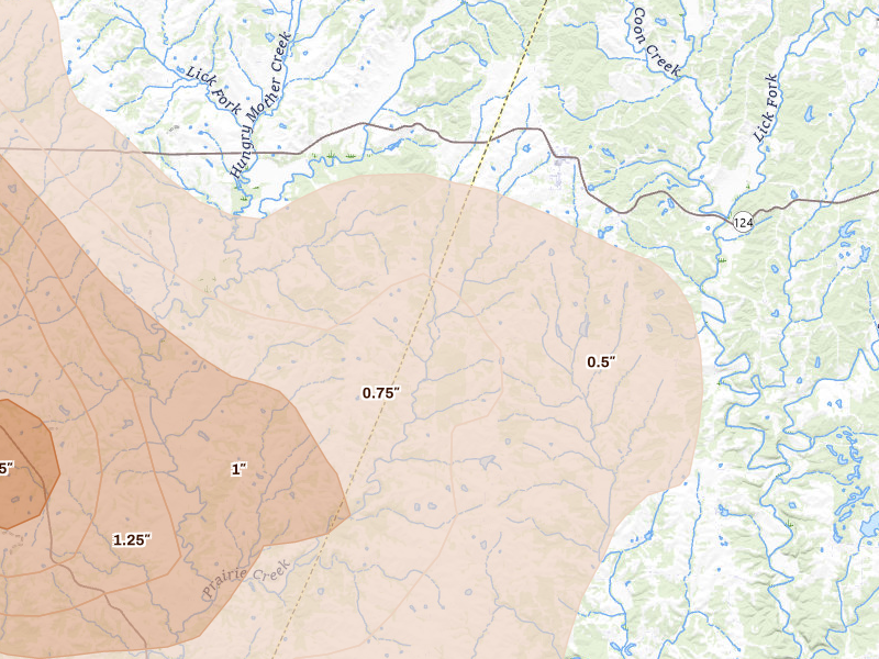 Radar-estimated hail-size map of the storm over Harrisburg, MO on May 31, 2026