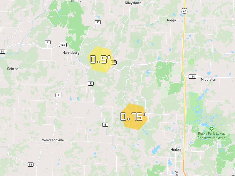 Hail map of Harrisburg, MO on Jun 1, 2026, hail up to 0.75"