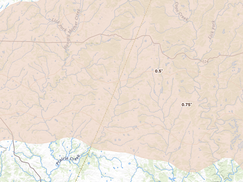 Radar-estimated hail-size map of the storm over Harrisburg, MO on Jun 11, 2026