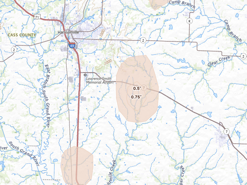 Radar-estimated hail-size map of the storm over Harrisonville, MO