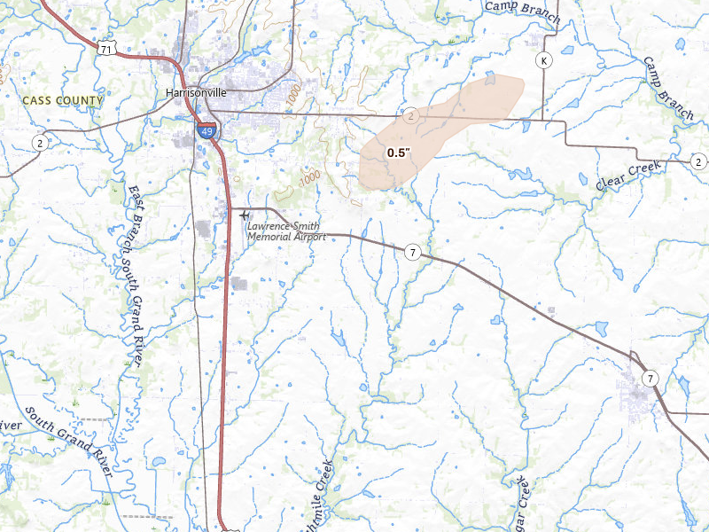 Radar-estimated hail-size map of the storm over Harrisonville, MO on May 30, 2026