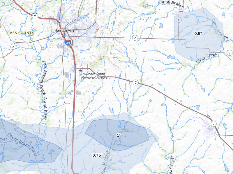 NEXRAD radar-signature map of the hail storm over Harrisonville, MO on Jun 8, 2026