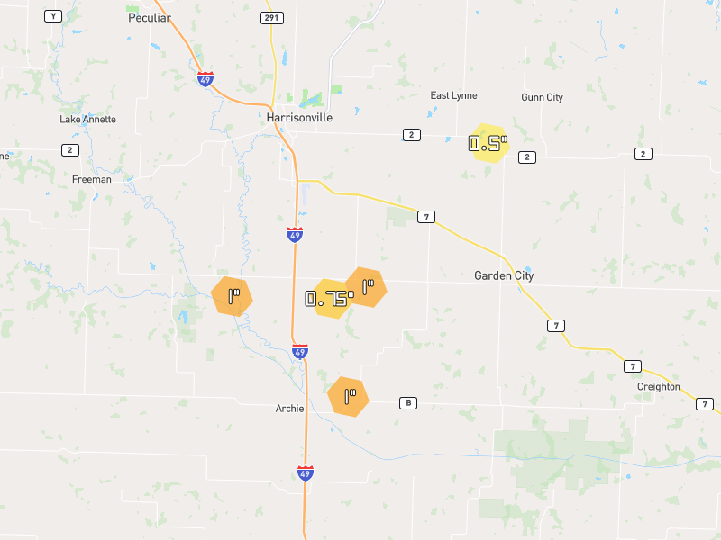 Hail map of Harrisonville, MO on Jun 9, 2026, hail up to 1"