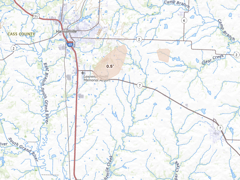 Radar-estimated hail-size map of the storm over Harrisonville, MO on Aug 5, 2026