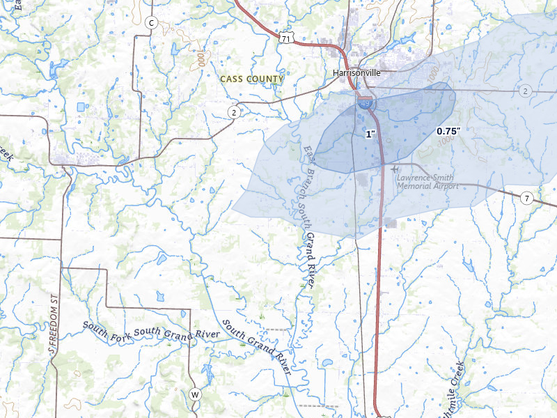 NEXRAD radar-signature map of the hail storm over Harrisonville, MO on Aug 5, 2026