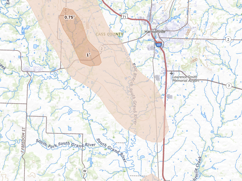 Radar-estimated hail-size map of the storm over Harrisonville, MO on Aug 21, 2026