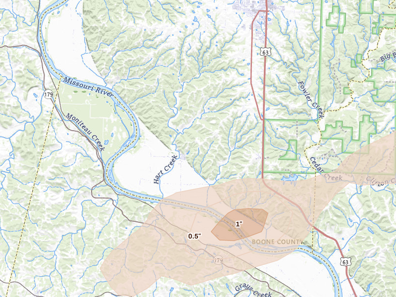 Radar-estimated hail-size map of the storm over Hartsburg, MO on Apr 27, 2026