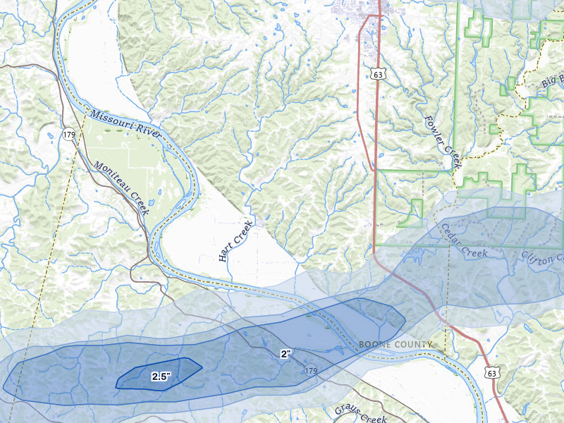NEXRAD radar-signature map of the hail over Hartsburg, MO