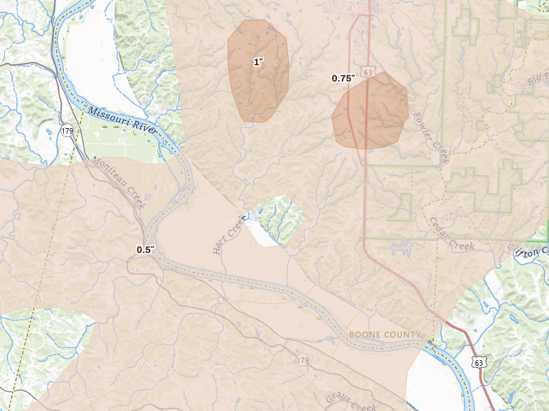 Radar-estimated hail-size map of the storm over Hartsburg, MO on May 31, 2026