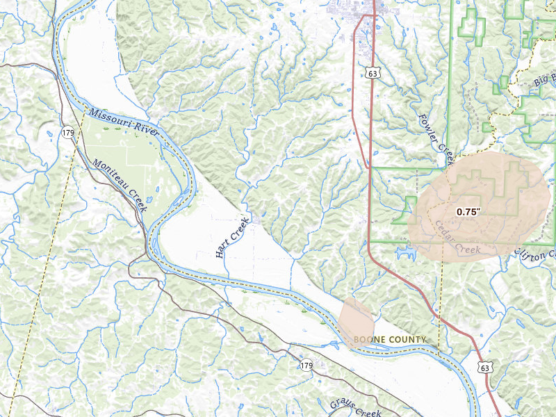 Radar-estimated hail-size map of the storm over Hartsburg, MO on Jul 5, 2026