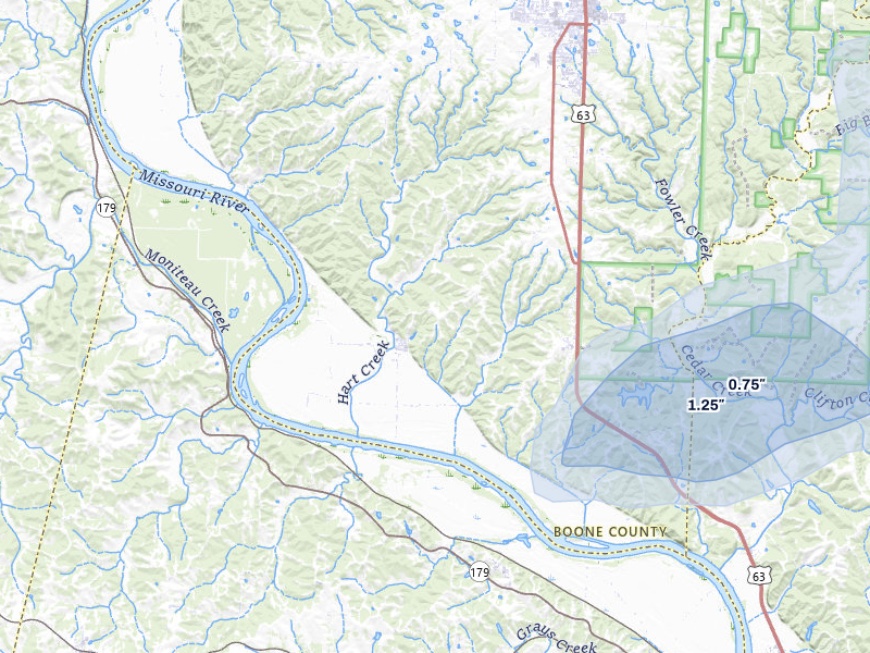 NEXRAD radar-signature map of the hail storm over Hartsburg, MO on Jul 5, 2026