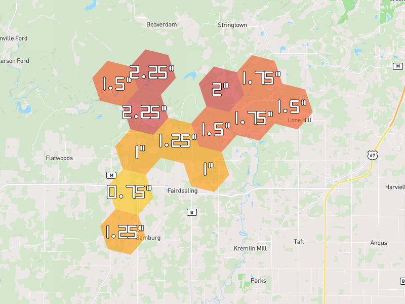 Hail map of Harviell, MO on Jul 9, 2026, hail up to 2.25"