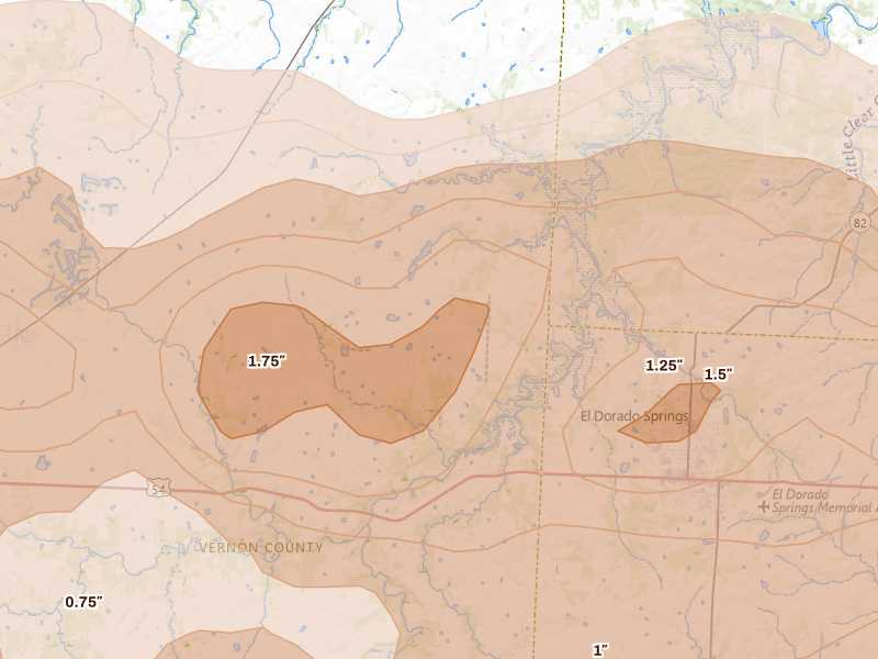 Radar-estimated hail-size map of the storm over Harwood, MO on Apr 26, 2026