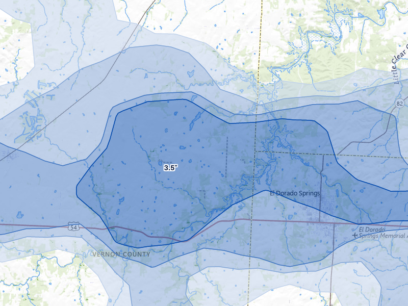 NEXRAD radar-signature map of the hail over Harwood, MO