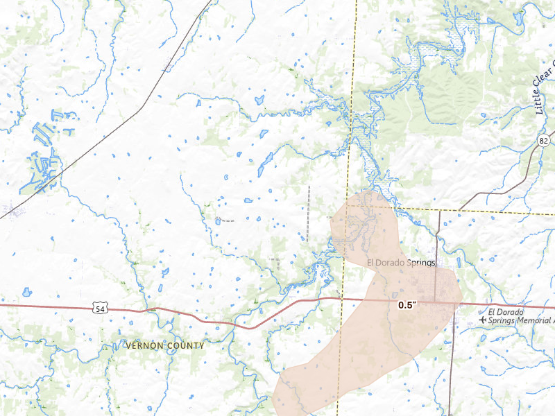 Radar-estimated hail-size map of the storm over Harwood, MO on Apr 28, 2026