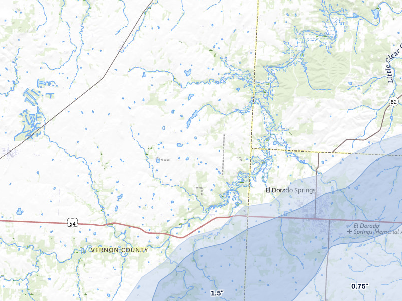 NEXRAD radar-signature map of the hail storm over Harwood, MO on Apr 28, 2026