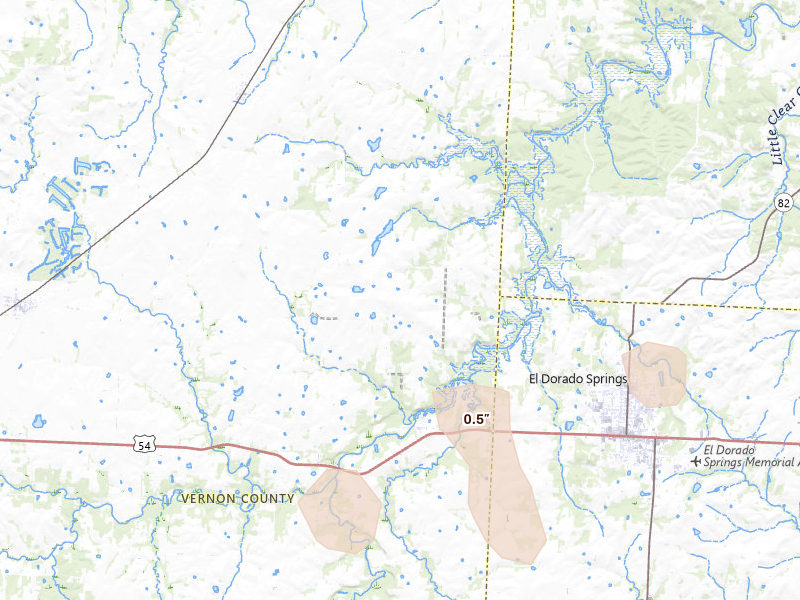 Radar-estimated hail-size map of the storm over Harwood, MO on Jun 12, 2026