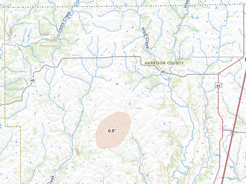 Radar-estimated hail-size map of the storm over Hatfield, MO on Mar 6, 2026