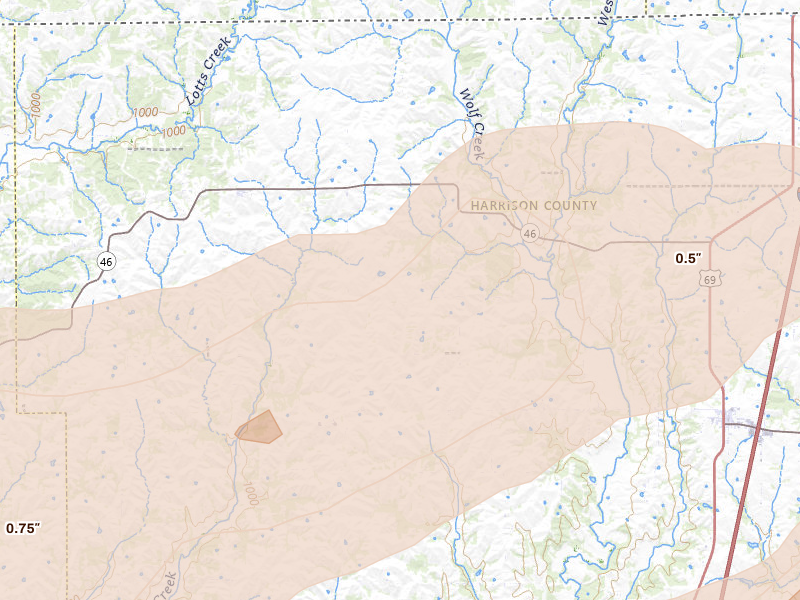 Radar-estimated hail-size map of the storm over Hatfield, MO on Apr 17, 2026