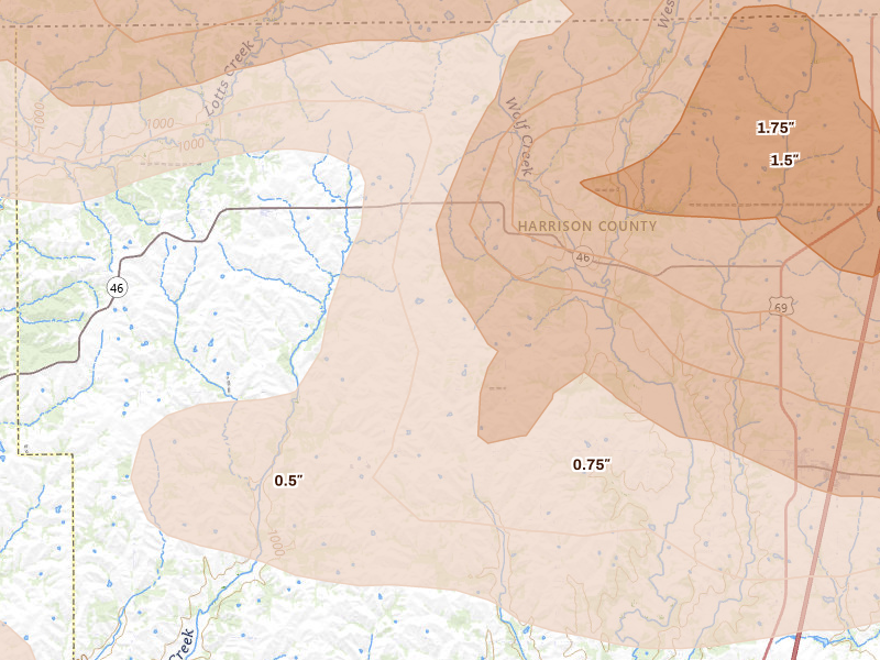 Radar-estimated hail-size map of the storm over Hatfield, MO on May 16, 2026