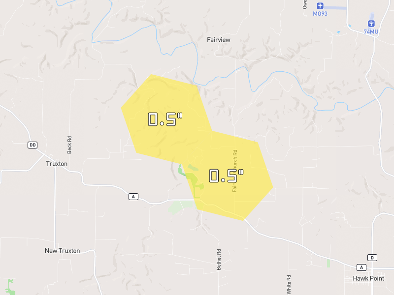 Hail map of Hawk Point, MO on Jul 11, 2026, hail up to 0.5"