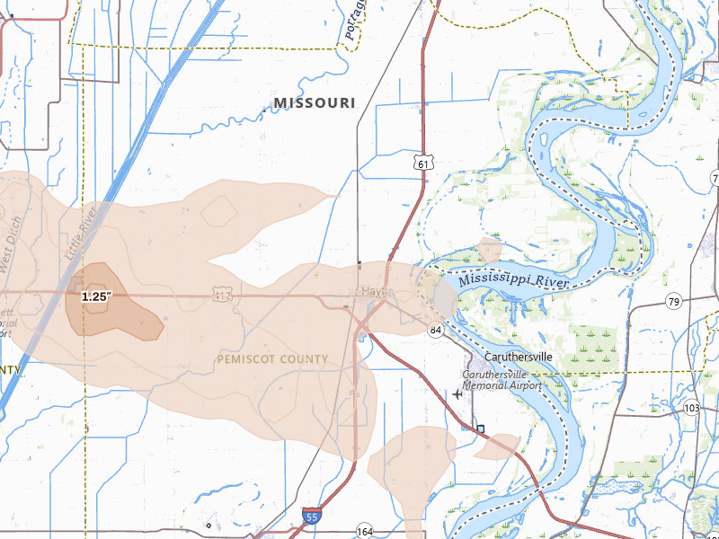 Radar-estimated hail-size map of the storm over Hayti, MO on Apr 16, 2026