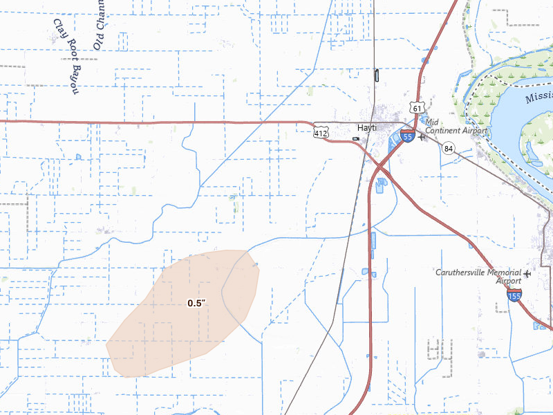 Radar-estimated hail-size map of the storm over Hayti, MO on Apr 28, 2026
