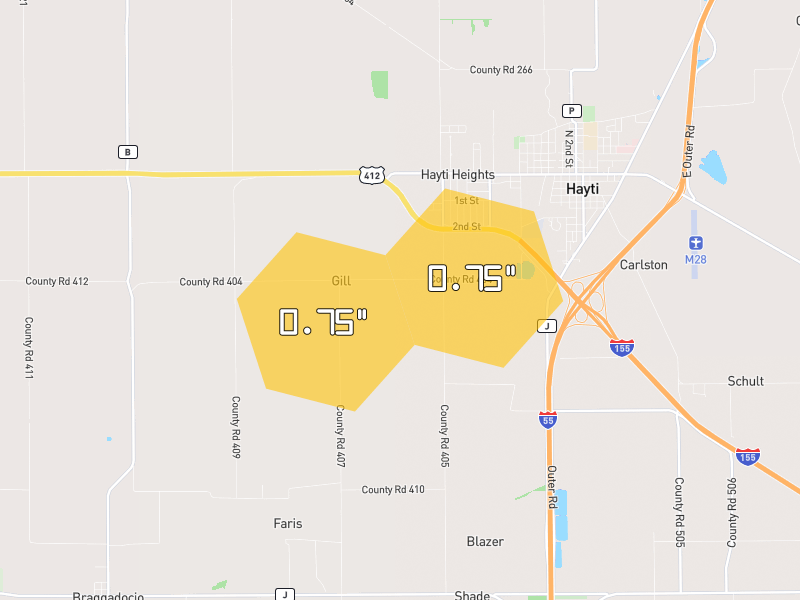 Hail map of Hayti, MO on Jul 10, 2026, hail up to 0.75"