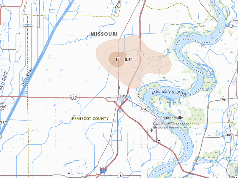 Radar-estimated hail-size map of the storm over Hayti, MO on Jul 18, 2026