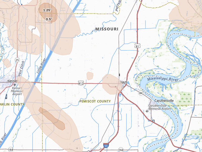 Radar-estimated hail-size map of the storm over Hayti, MO on Aug 26, 2026