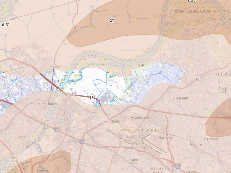 Radar-estimated hail-size map of the storm over Hazelwood, MO on Apr 27, 2026