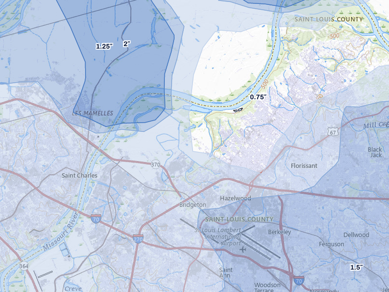 NEXRAD radar-signature map of the hail storm over Hazelwood, MO on Apr 27, 2026