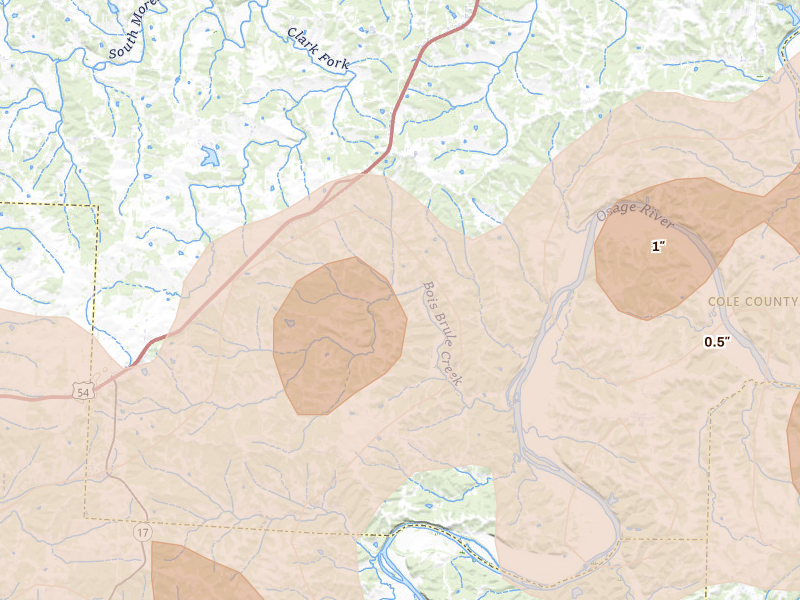 Radar-estimated hail-size map of the storm over Henley, MO on Apr 27, 2026