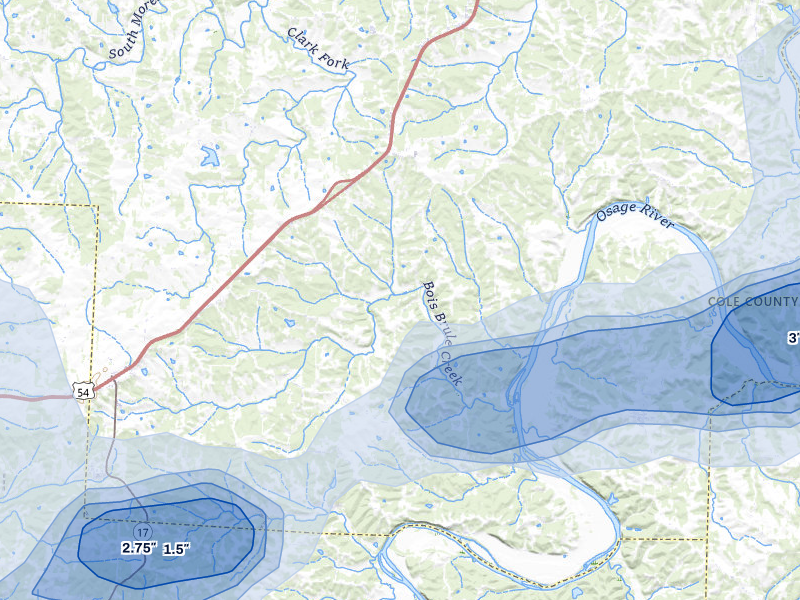 NEXRAD radar-signature map of the hail over Henley, MO