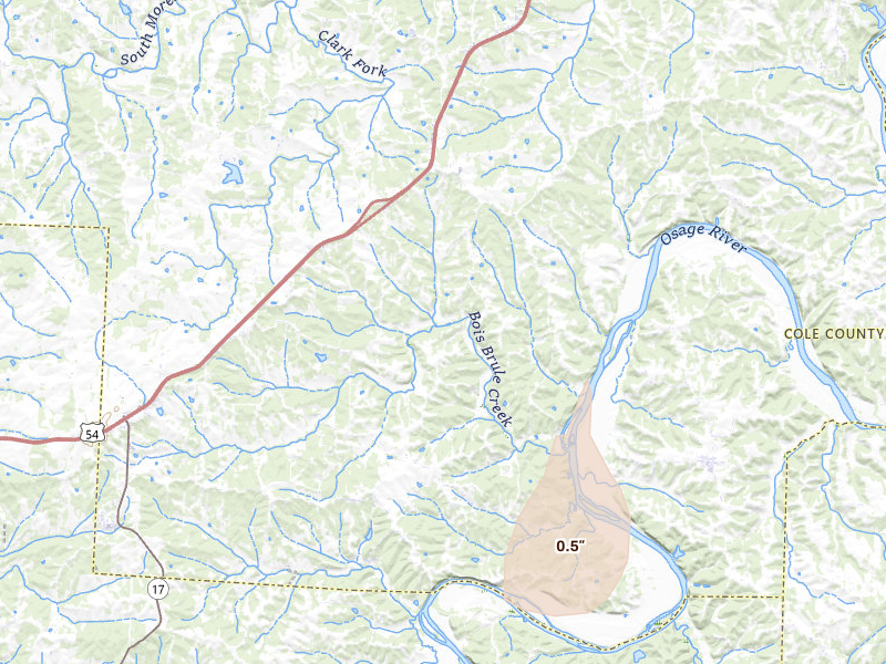 Radar-estimated hail-size map of the storm over Henley, MO on Jul 2, 2026