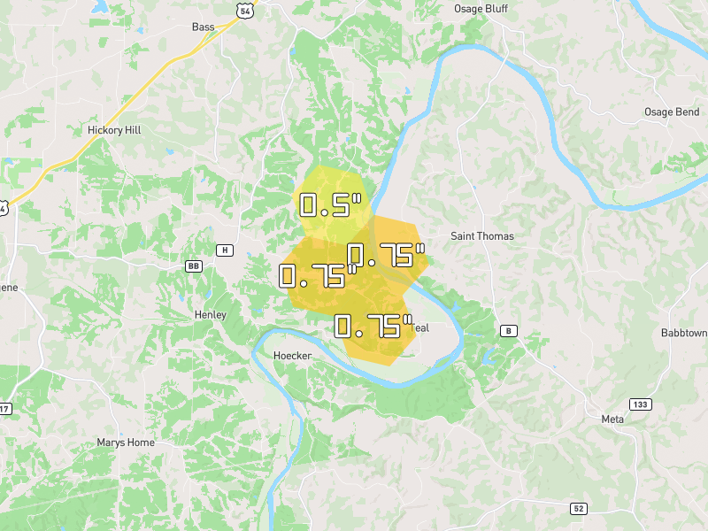 Hail map of Henley, MO on Jul 2, 2026, hail up to 0.75"