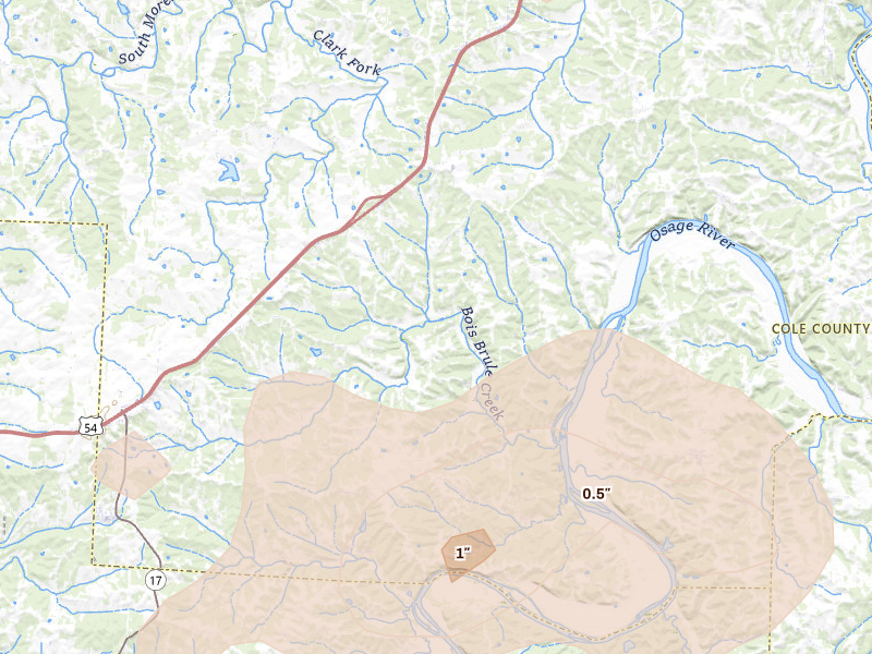 Radar-estimated hail-size map of the storm over Henley, MO on Jul 4, 2026