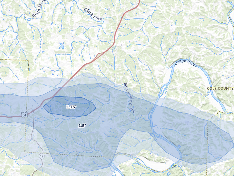 NEXRAD radar-signature map of the hail over Henley, MO
