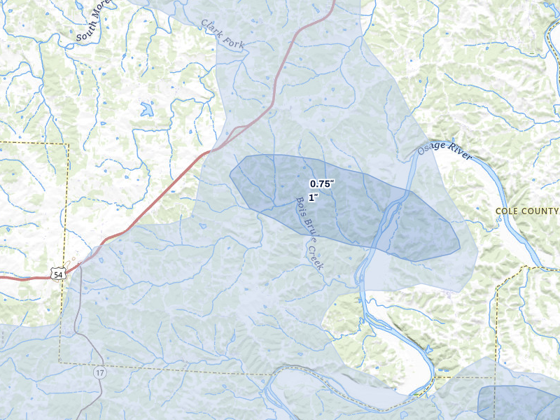 NEXRAD radar-signature map of the hail storm over Henley, MO on Jul 9, 2026