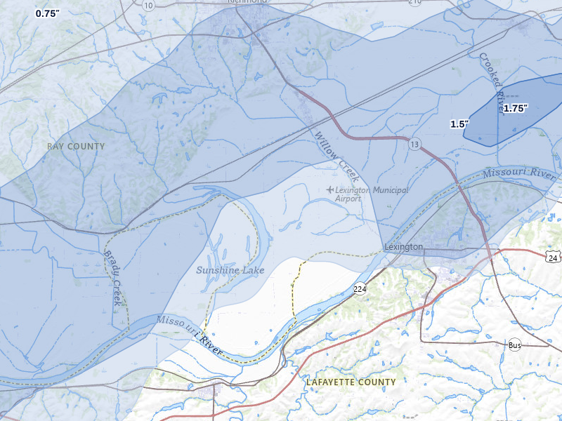 NEXRAD radar-signature map of the hail over Henrietta, MO