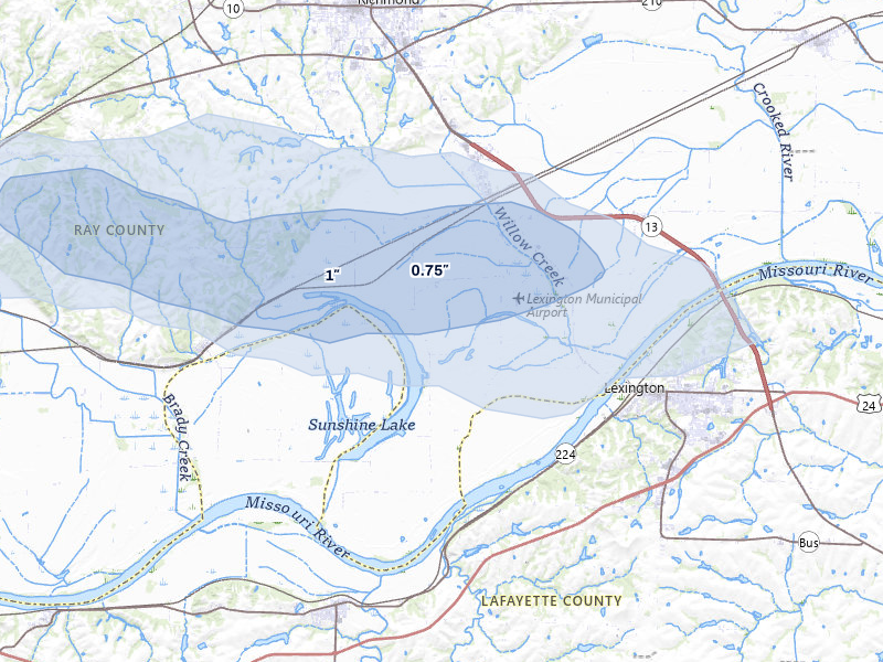 NEXRAD radar-signature map of the hail storm over Henrietta, MO on May 4, 2026